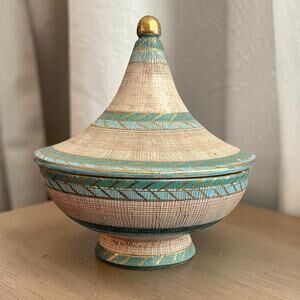 Mid Century Italian Pottery Lidded Bowl Bitossi Style Turquoise Gold Italy MCM